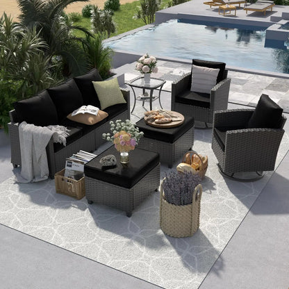 Patio Furniture Set, 6 Pieces Outdoor Sectional Couch with Swivel Rocking Chair, Gray Wicker Rattan Sofa with Side, Customized