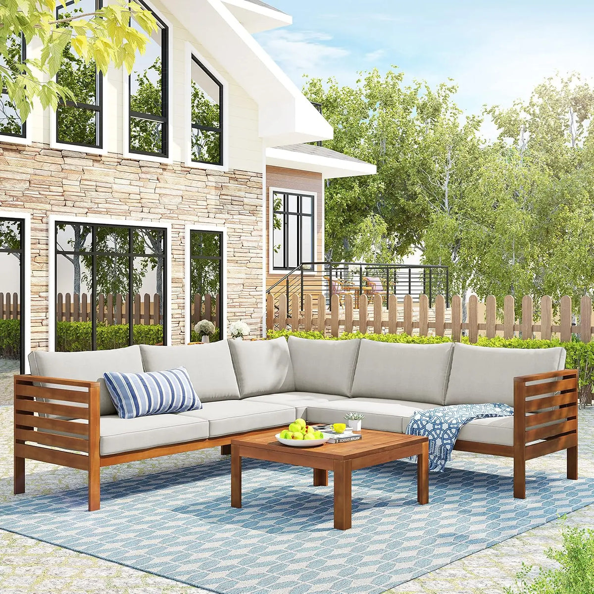 Modern Patio Furniture Set, 6-Piece Outdoor Sectional Sofa Set with Round Nesting Coffee Tables and Seating Sofa, Customized