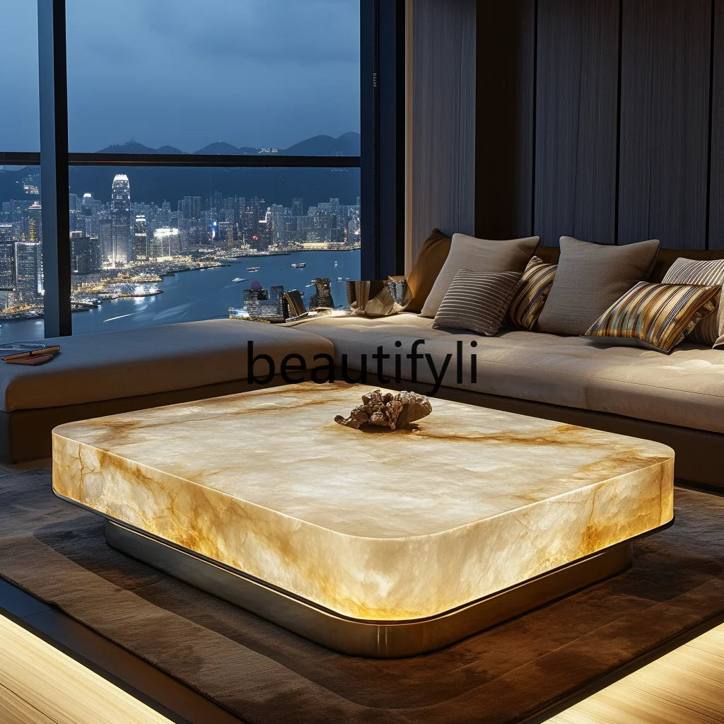 Jade square luminous coffee table premium villa living room modern minimalist marble Venice light luxury stone