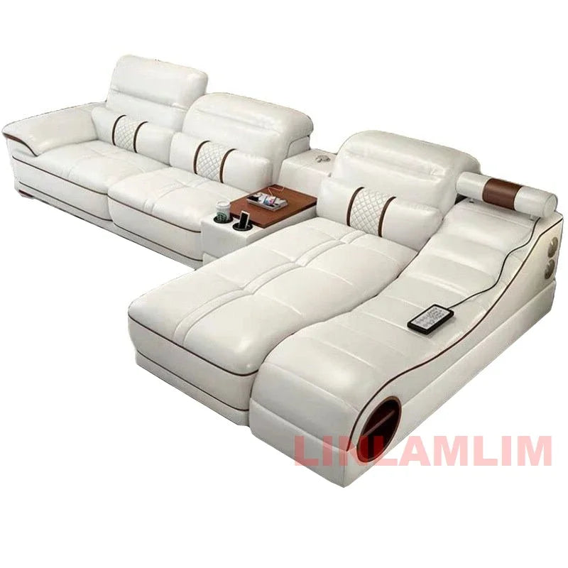 Modern Luxury Sectional Sofa Set with Chaise Lounge – Italian Genuine Leather Couch with Speakers, USB Port