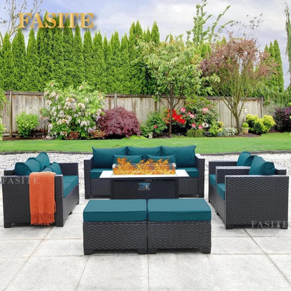 patio furniture set 45 inch outdoor fire pit 7 pieces outdoor furniture set patio sofa outdoor chair , peacock blue