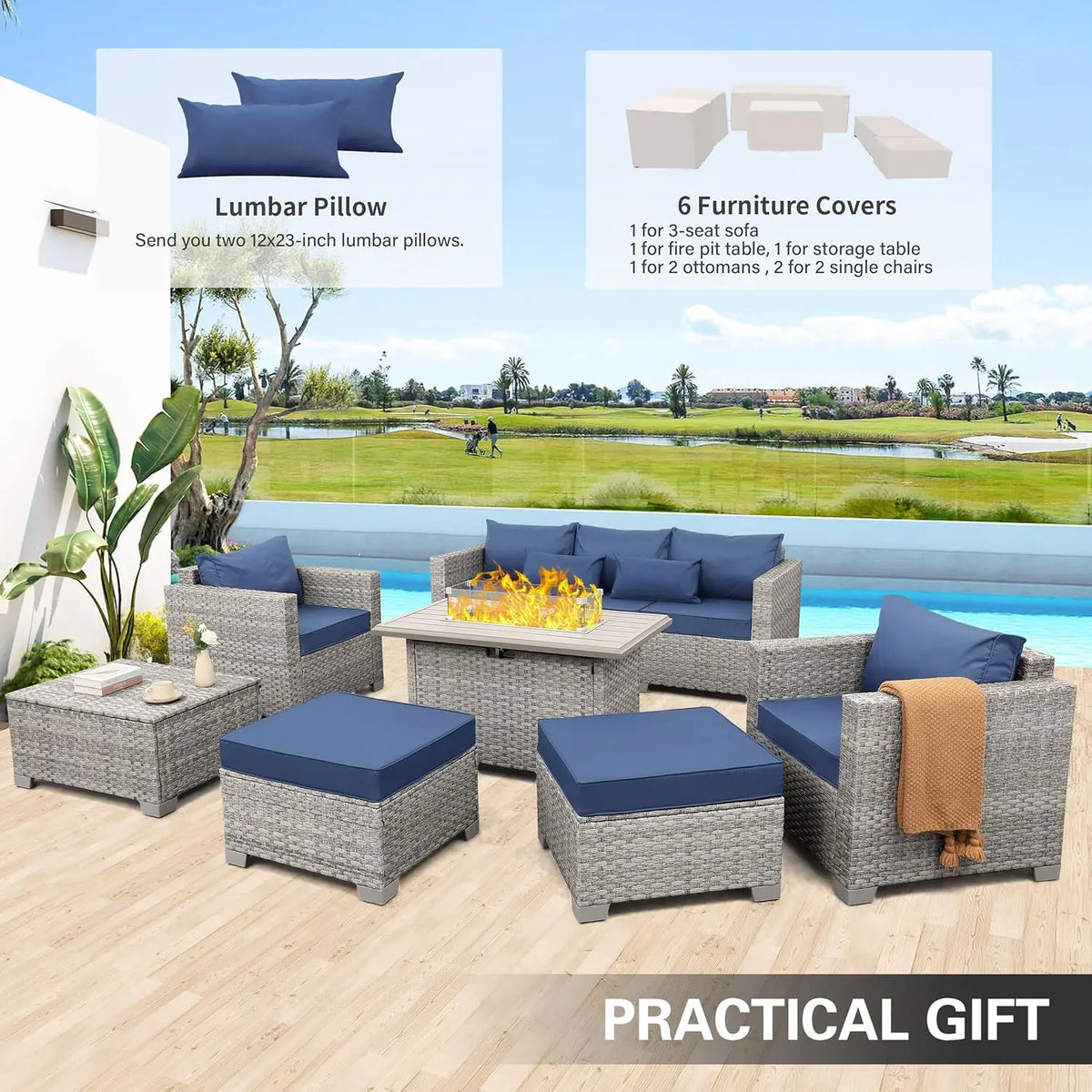 Patio Furniture Set 6 Piece PE Rattan Outdoor Conversation Sets Grey Wicker Couch Sectional Sofa with Fire Pit Table, Custom