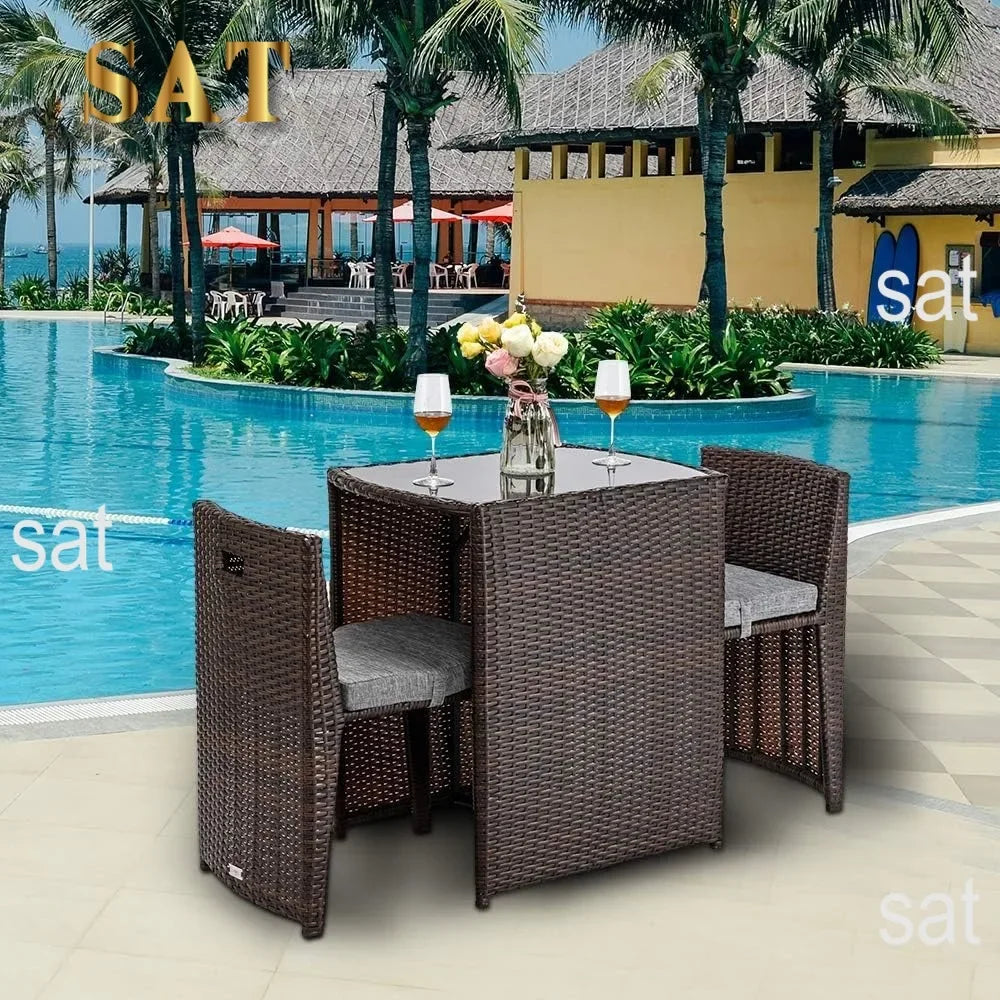 t Bonnlo 3 PCS Wicker Outdoor Patio Bistro Set, Patio Furniture Set for Small Space with Glass Top Table Dining Chairs, Balcony