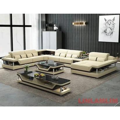Minimalist Leather Sectional Sofa Set with Storage, Glass Coffee Table & TV Stand for Living Room