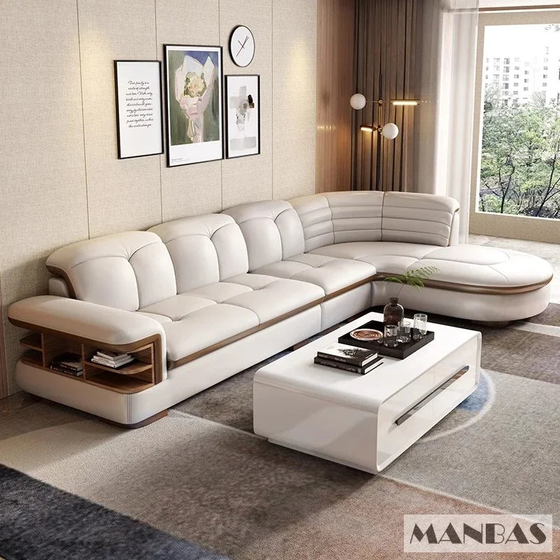 Luxury L-Shaped Genuine Leather Sectional Sofa Sets with USB, Bluetooth Speaker - MANBAS 9037B-1