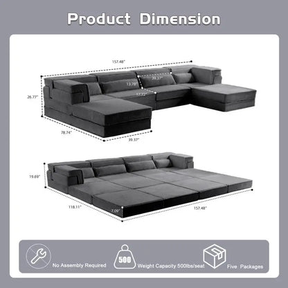 Modular Convertible Floor Sofa Bed, DIY Boneless Sectional Sofa, No Assembly Needed, Oversized 4-Seater with 2 Ottomans, Dark