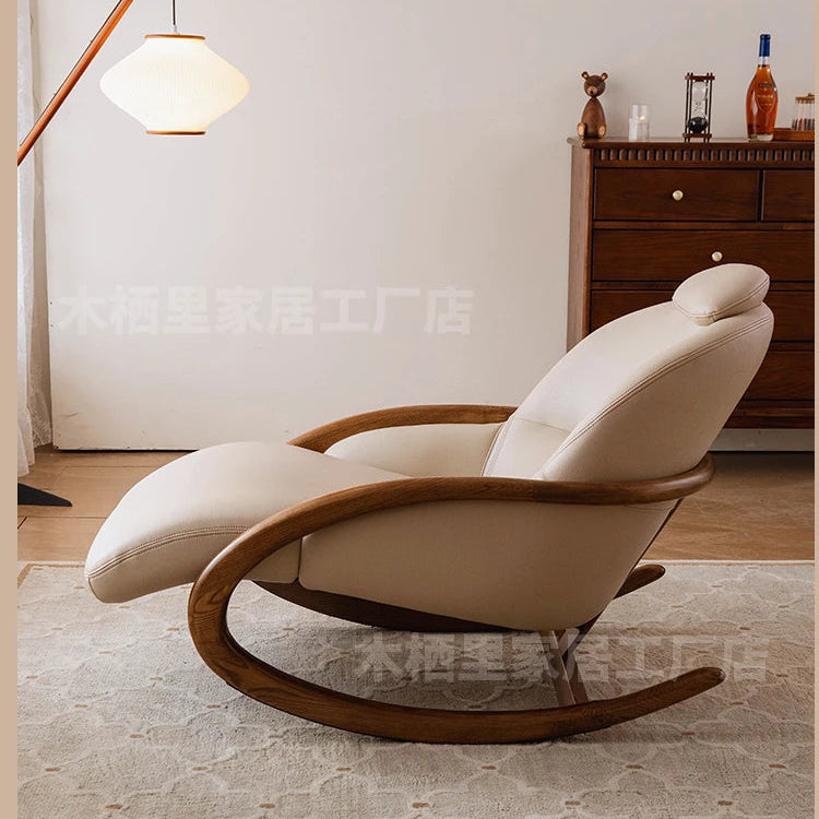 Lazy sofa pewter solid wood leather high-end lazy sofa reclining and sleeping rocking chair