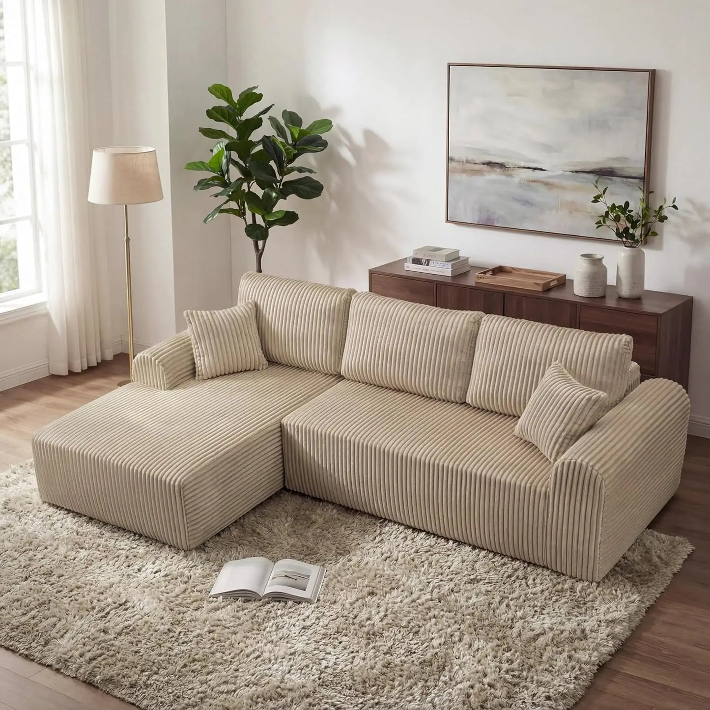 109“L-Shaped Sectional Sofa Boneless Couch Upholstery Cloud Modular Couch with Chaise No Assembly Required Corduroy Fabric Combi