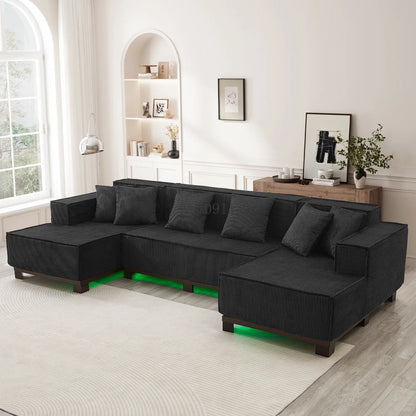 Modern U-Shaped Sectional Sofa 130" Sectional Sofa Upholstered Sofa with RGB LED Light Strip and 6 Pillows for Living Room