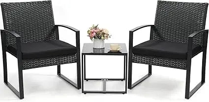 3 Piece Wicker Patio Bistro Set, Rattan Conversation Set with Coffee Table, for Balcony, Porch, Garden, Yard, Poolside, Black Fr