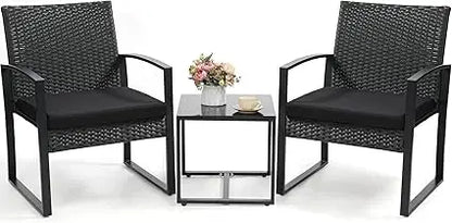 3 Piece Wicker Patio Bistro Set, Rattan Conversation Set with Coffee Table, for Balcony, Porch, Garden, Yard, Poolside, Black Fr