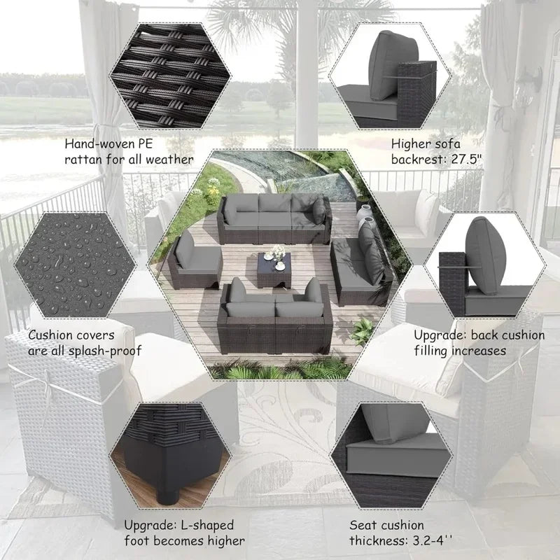 Outdoor Patio Sectional Sofa Set - 9 Piece Brown PE Rattan Conversation Furniture