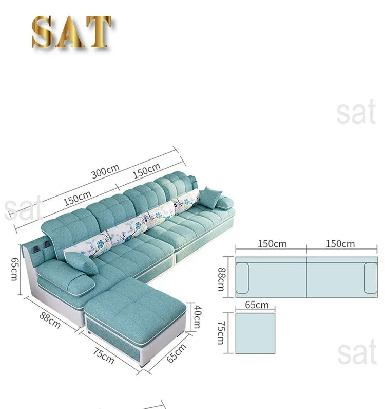Nordic Modern Sky Blue L-Shaped Corner Sofa Soft Three Seater Loveseat and Bunk Bed Couch Set for Living Room