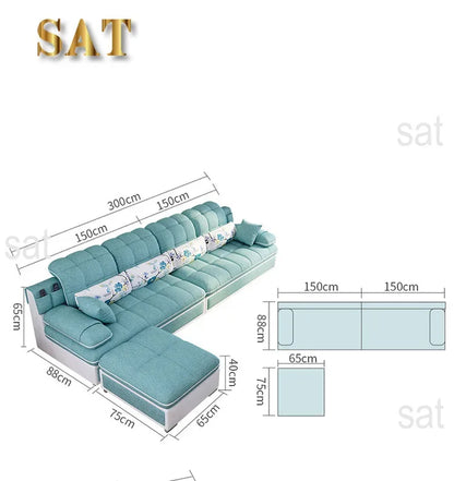 Nordic Modern Sky Blue L-Shaped Corner Sofa Soft Three Seater Loveseat and Bunk Bed Couch Set for Living Room