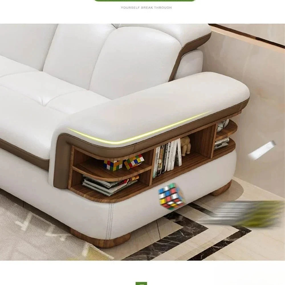 Luxury L-Shaped Genuine Leather Sectional Sofa Sets with USB, Bluetooth Speaker - MINGDIBAO Living Room Italian Leather Couches