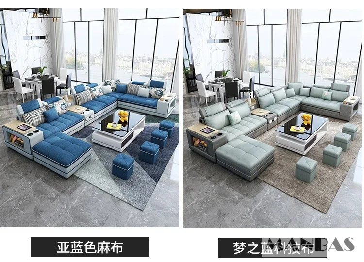 MANBAS Modern U-Shaped Fabric Sectional Sofa Set with Storage, Cup Holders, Speaker, USB, Bookshelf and Stools for Living Room