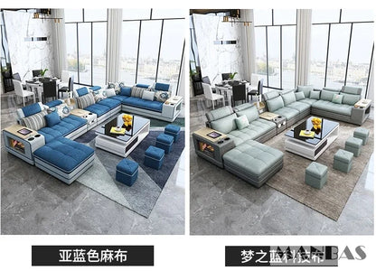 MANBAS Modern U-Shaped Fabric Sectional Sofa Set with Storage, Cup Holders, Speaker, USB, Bookshelf and Stools for Living Room