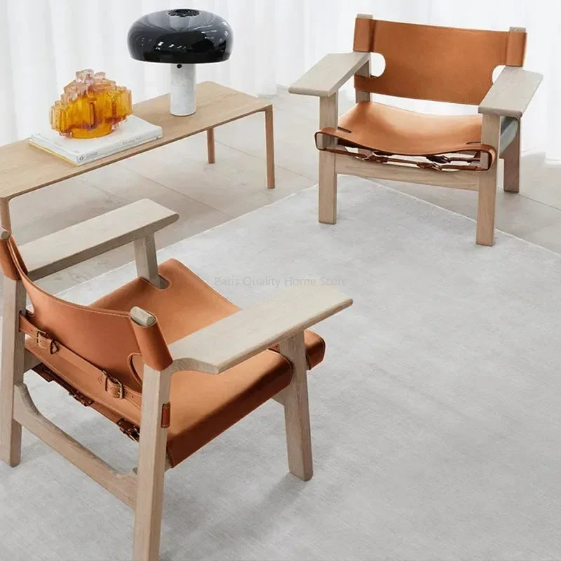 Nordic Solid Wood Design Saddle Leather Hunting Chair Living Room Balcony Wabi Sabi Single Deck Chair