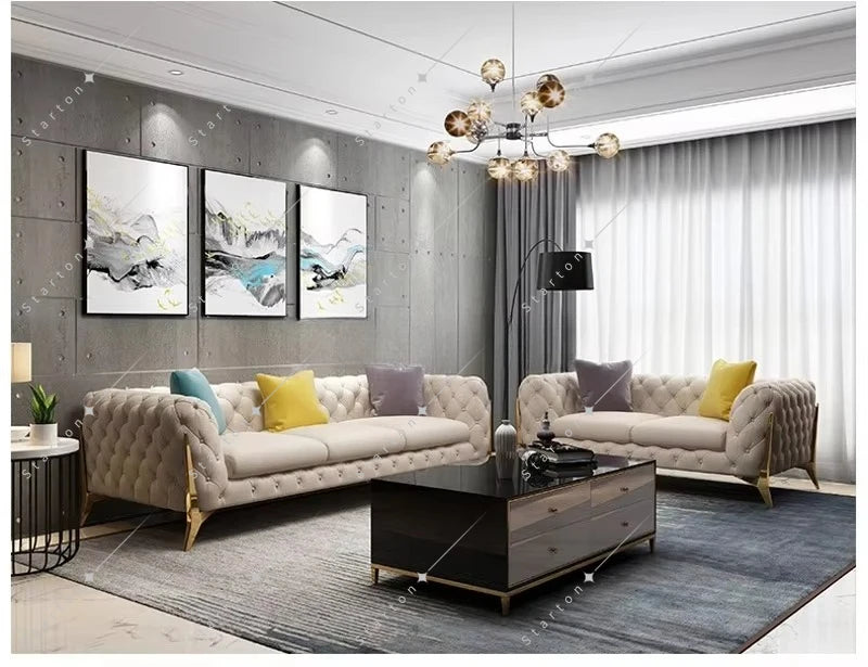 Home Furniture Chesterfield Design Royal Luxury Gold Foot Living Room Genuine Leather Velvet Sofa Set