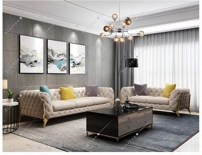 Home Furniture Chesterfield Design Royal Luxury Gold Foot Living Room Genuine Leather Velvet Sofa Set