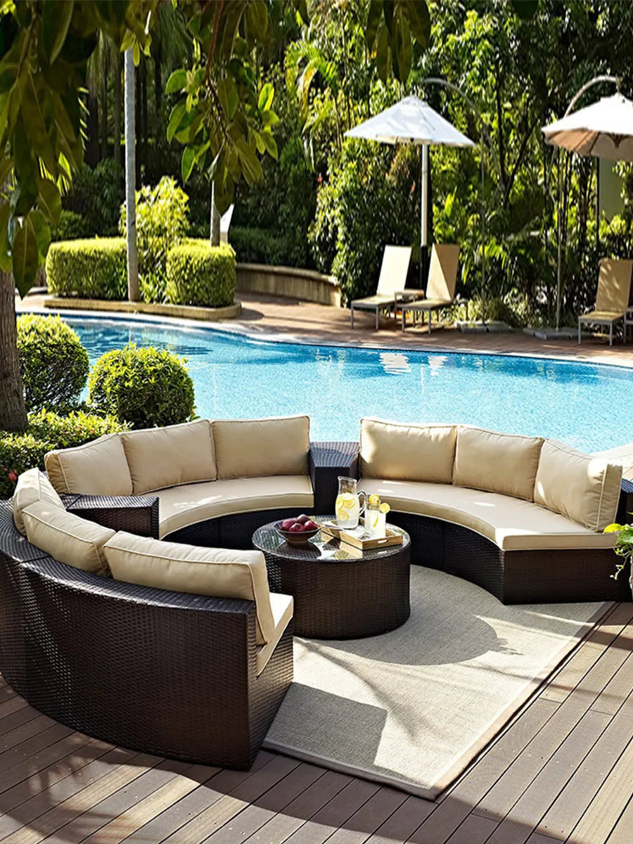 Outdoor round rattan sofa combination garden courtyard semi-circular rattan chair  hotel curved living room sofa
