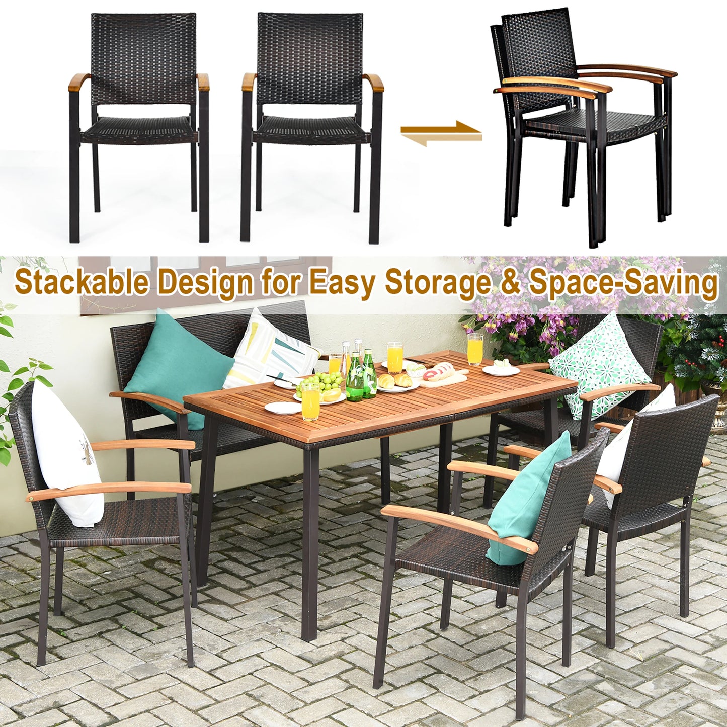 6 PCS Patio Rattan Dining Set Acacia Wood Table Stackable Chair Bench