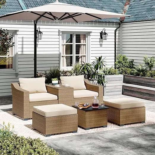 Patio Conversation Set Rattan Outdoor 6 Piece, Sectional Furniture Sofa Set, Wicker Couch with Coffee Table and Cushions for Poo