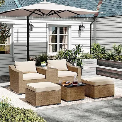 Patio Conversation Set Rattan Outdoor 6 Piece, Sectional Furniture Sofa Set, Wicker Couch with Coffee Table and Cushions for Poo