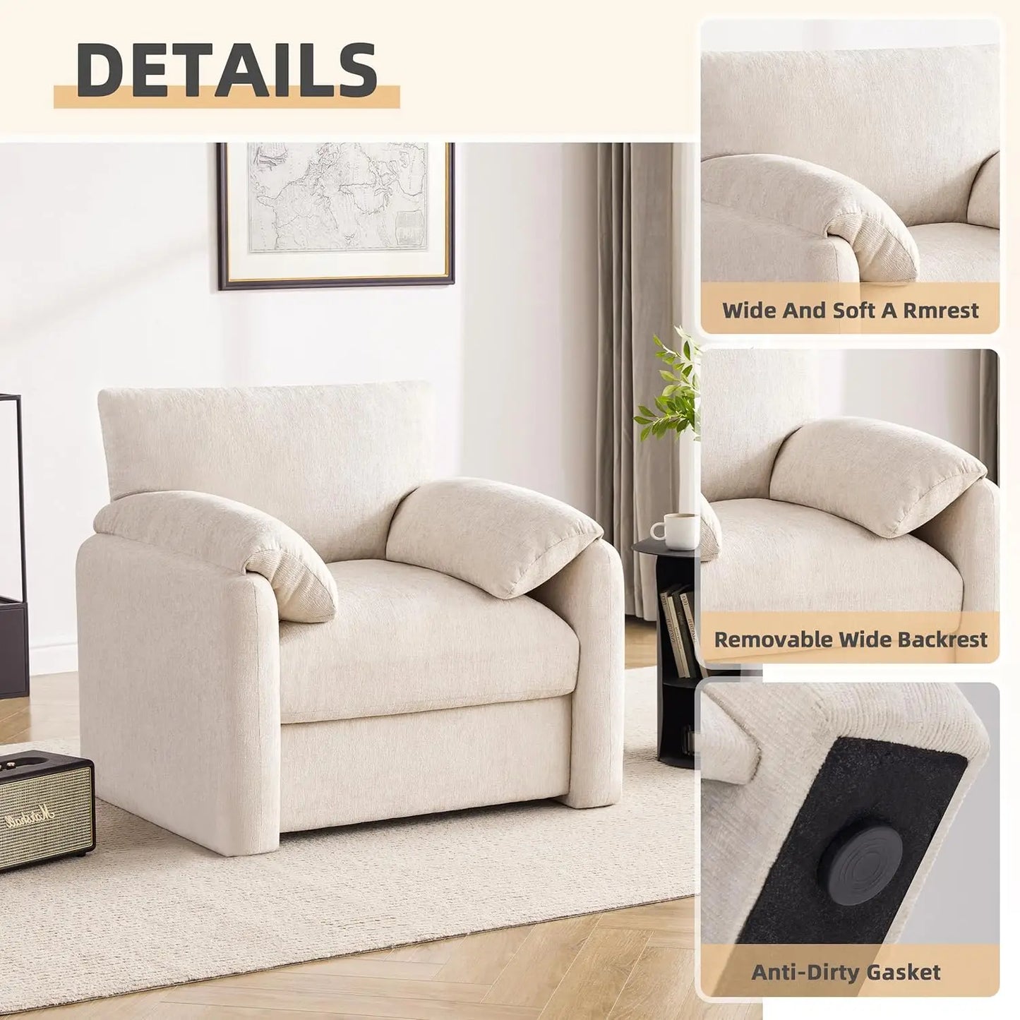 38.6" Wide Accent Chairs for Living Room & Bedroom Modern Lounge Chair, Upholstered Mid-Century Reading Chair,Beige