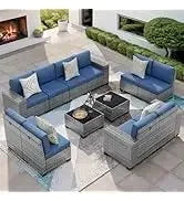 QAZ8-7 Piece Patio Furniture Set Fire Pit Table. Outdoor Conversation Sets Wicker Rattan Sectional Sofa with Coffee TSZ
