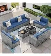 QAZ8-7 Piece Patio Furniture Set Fire Pit Table. Outdoor Conversation Sets Wicker Rattan Sectional Sofa with Coffee TSZ