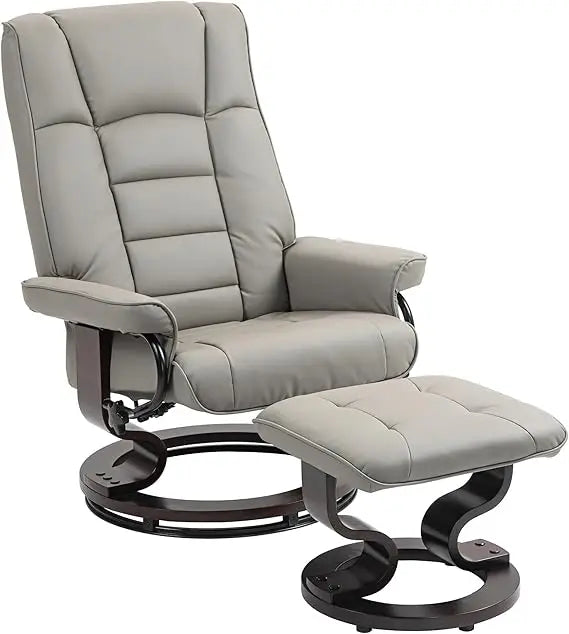 Faux Leather Reclining Chair, Swivel Ottoman Chair, Recliner with Ottoman with High Back and Wood Frame for Living Room, Gray