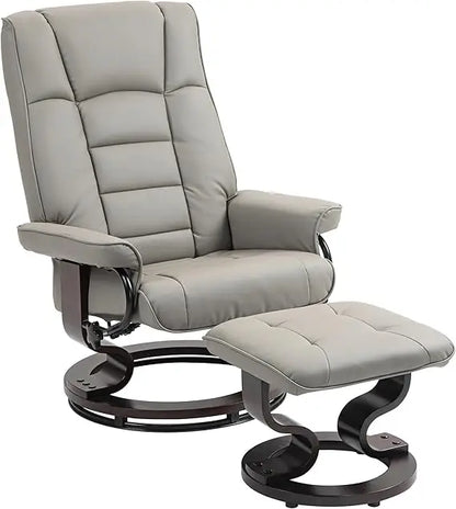 Faux Leather Reclining Chair, Swivel Ottoman Chair, Recliner with Ottoman with High Back and Wood Frame for Living Room, Gray