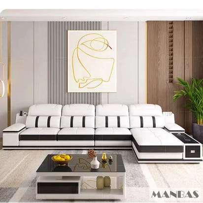 Modern Genuine Leather Sofa Living Room By MANBAS - Stylish Italian Couch with Bluetooth Speaker, USB & Adjustable Headrests