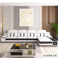 Modern Genuine Leather Sofa Living Room By MANBAS - Stylish Italian Couch with Bluetooth Speaker, USB & Adjustable Headrests