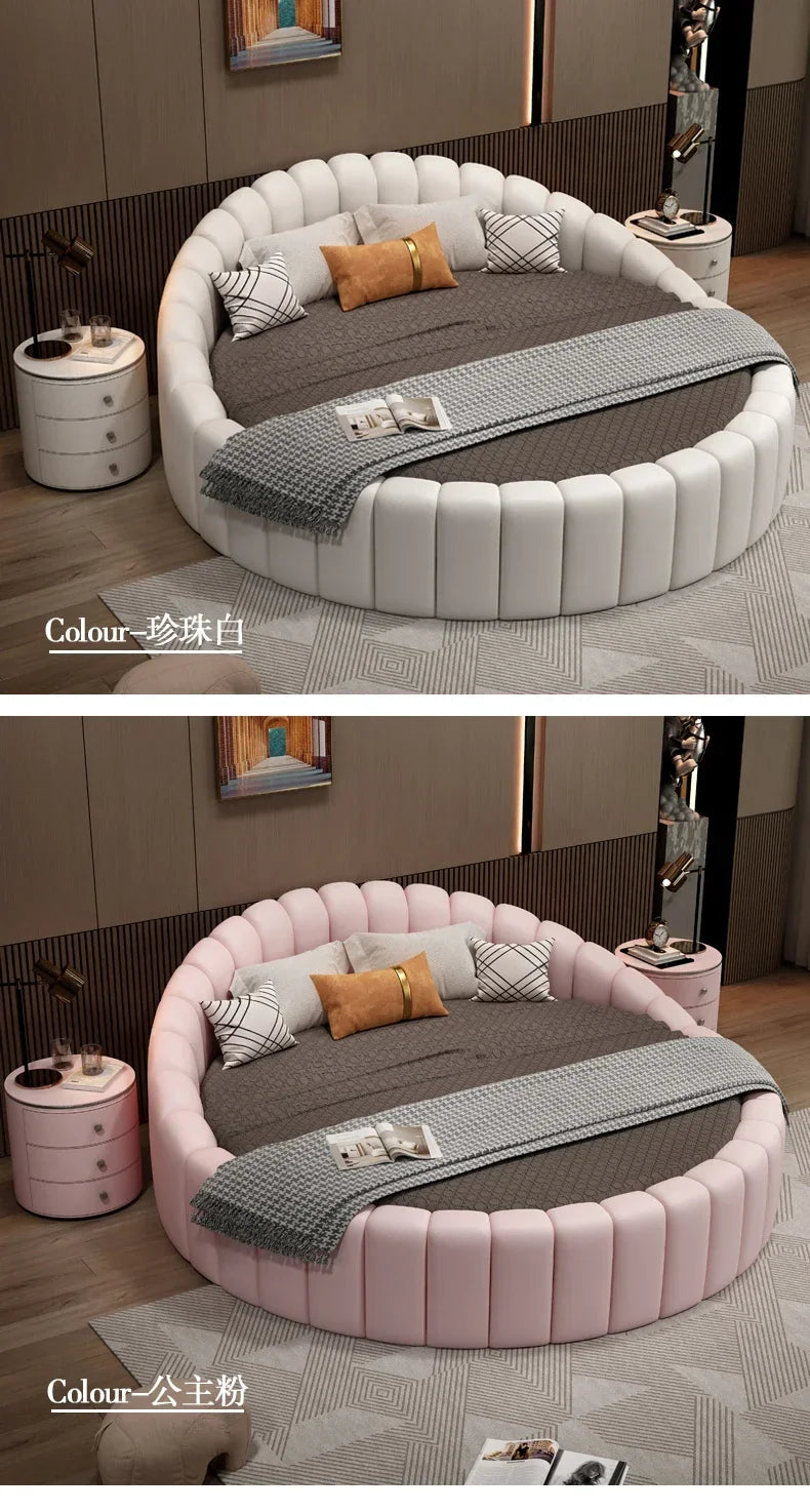 W round Bed Double Modern Simple round Leather Princess Large and Small Apartment Type Master Bedroom Marriage Bed Hotel