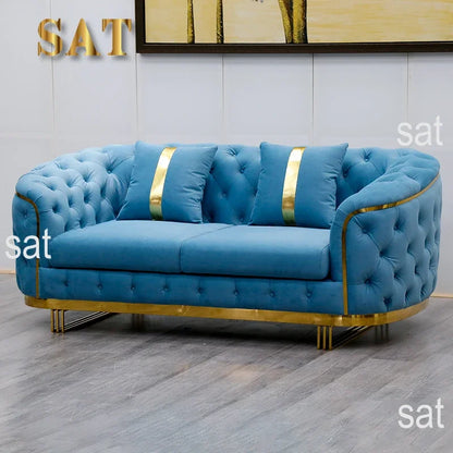 -Luxury Gold Legs Stainless Steel Blue Button Tufted Velvet Chesterfield Sofa Set 3 2 Seater SofaLiving Room Couch Set Furniture