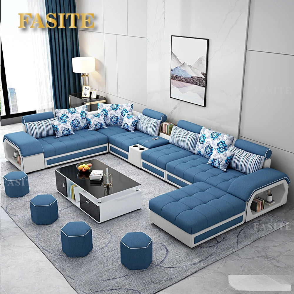 Fabric Sofa Set Furniture Living Room with USB and Stools / Big U Shape Cloth Couch for Home Furniture