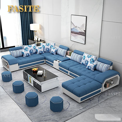 Fabric Sofa Set Furniture Living Room with USB and Stools / Big U Shape Cloth Couch for Home Furniture