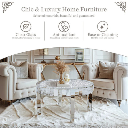 Luxury Coffee Table 80CM Round Mirrored Center Table with Crystal Diamonds, Inlay Accent Side Table for Living Room, Bedroom