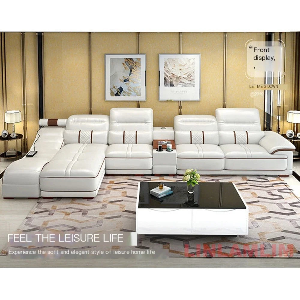 MINGDIBAO Modern Luxury Sectional Sofa Set with Chaise Lounge – Italian Genuine Leather Couch with Speakers, USB Port & Storage
