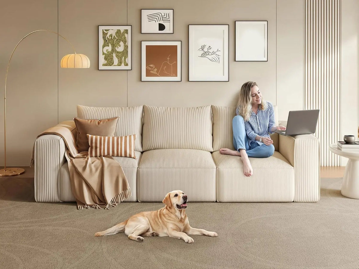 Luxurious 3-Seat Deep Modular Sectional Sofa with Cloud Comfort and 3 Pillows in Corduroy for Living Spaces and Apartments