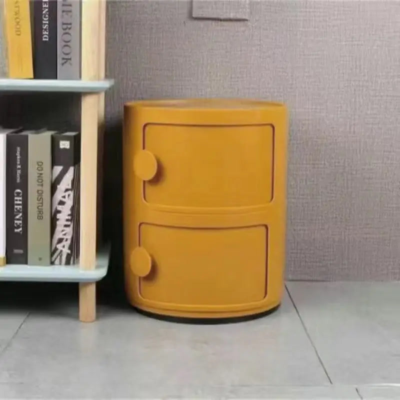 Plastic Round Nightstand Bedside Table Cabinet with Sliding Doors Round Storage Bedside Cabinet Nightstand  for Living Bedroom