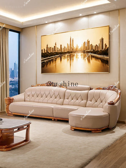 European leather sofa solid wood carving flower high-end luxury corner princess combination