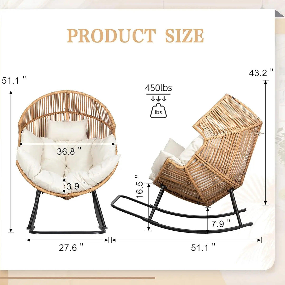 PE Rattan Egg Rocking Chair with Cushion, Oversized Patio Lounge for Outdoor Indoor Garden Balcony Beige