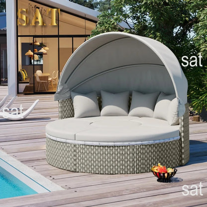 %a Patio Rattan Sunbed with Retractable Canopy, Round Outdoor Sectional Sofa Set with Separate Seating,liftable Table and Remov