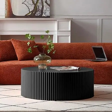 Round Coffee Table, Modern Black Side Table End Table for Living Room, Wood Circle Drum Coffee Table with Handcrafted Relief, Co