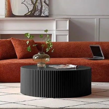 Round Coffee Table, Modern Black Side Table End Table for Living Room, Wood Circle Drum Coffee Table with Handcrafted Relief, Co