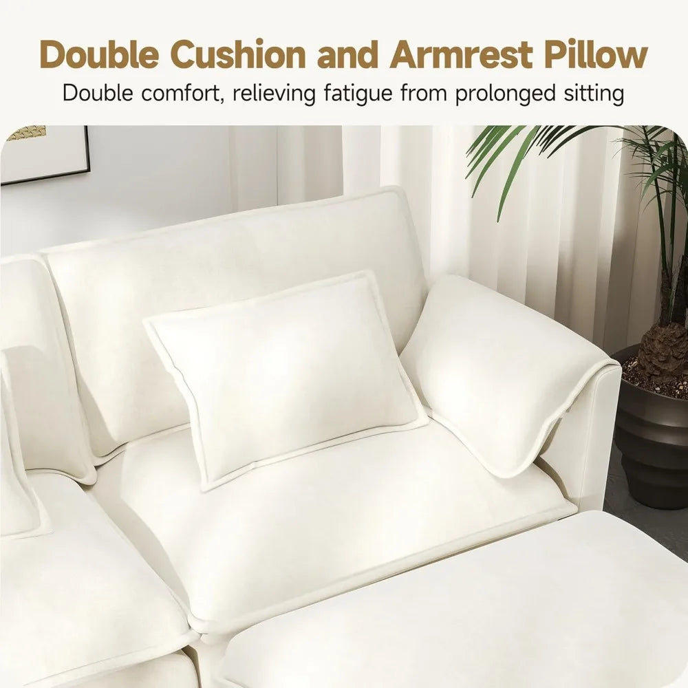 l-shaped chenille modular sectional sofa with movable ottoman, 6 pillows and 2 armrest cushions for living room