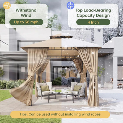 8x8 Gazebo with Curtain & Mosquito Netting Outdoor Heavy-Duty Party Tent with Double Roof, Patio Tent with Zipper, Custom